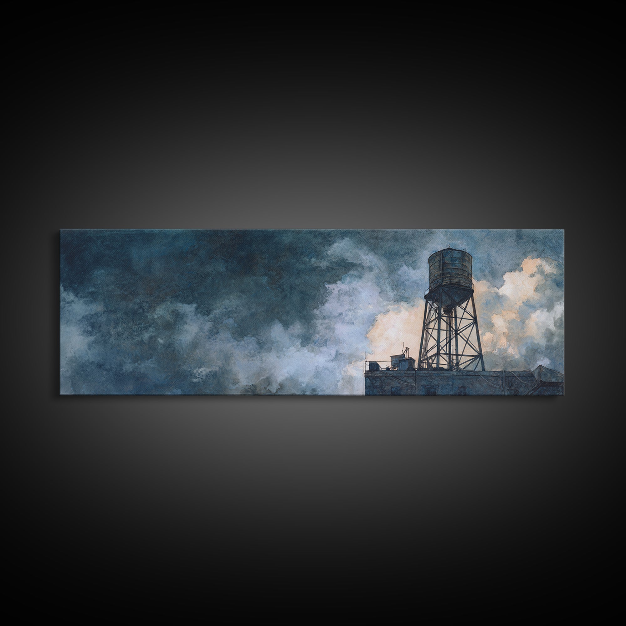 Rooftop Water Tower Canvas Print, Urban Art, Black Art Prints, Living Room Decor, Abstract Art, Urban, Neutral Decor, URB-3x1-49