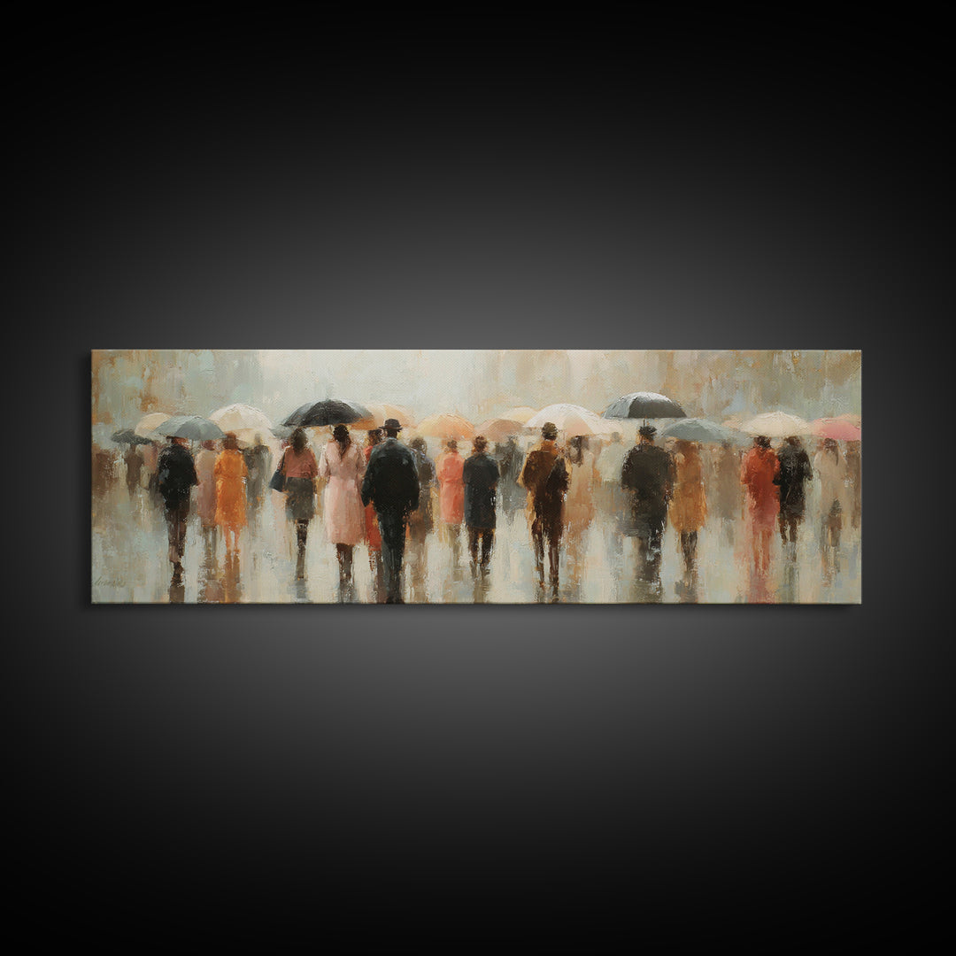 Rain Umbrella Figures Framed Canvas Print, Urban Art, Boho Decor, Living Room Decor, Fine Art, Urban, Digital Prints, URB-3x1-60