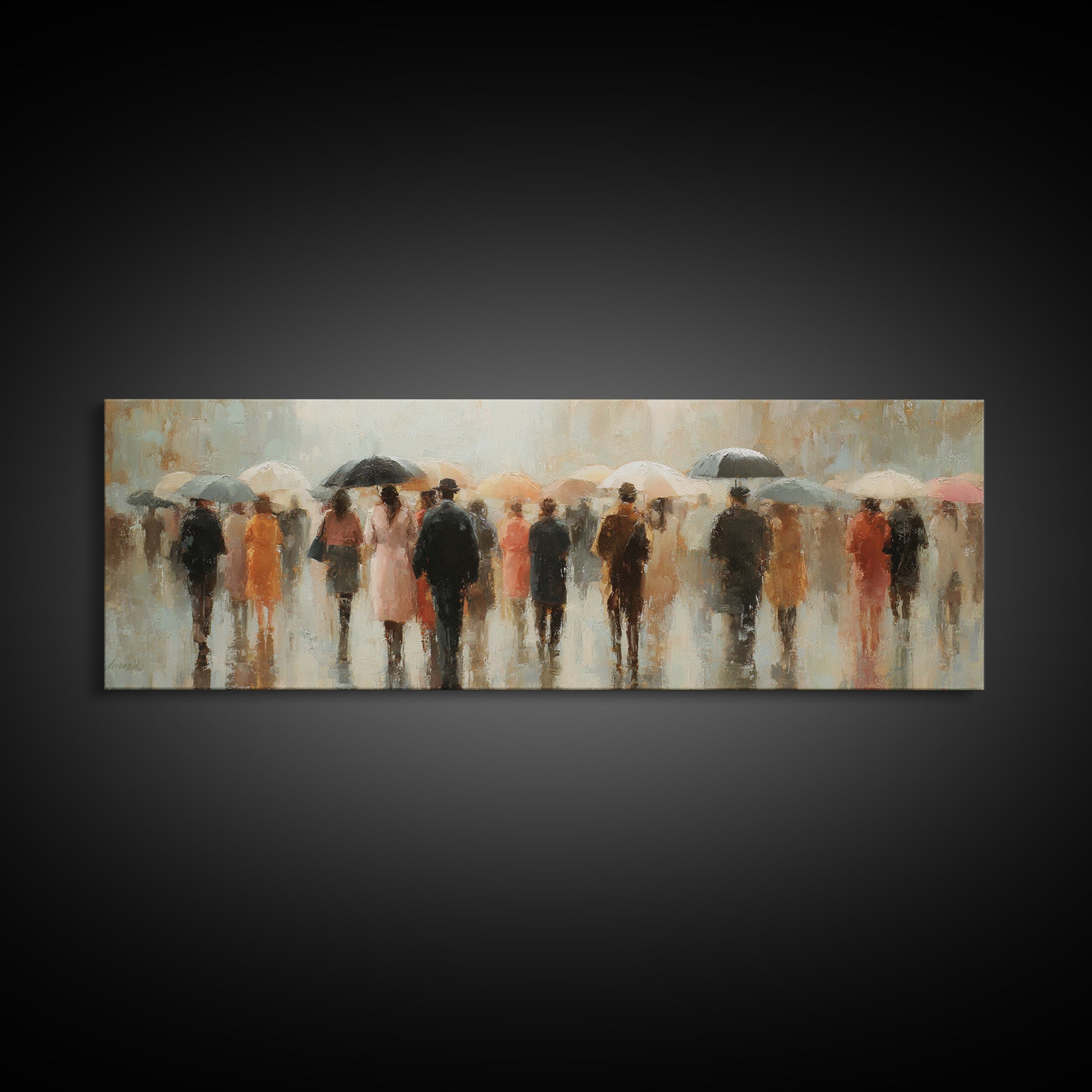 Rain Umbrella Figures Framed Canvas Print, Urban Art, Boho Decor, Living Room Decor, Fine Art, Urban, Digital Prints, URB-3x1-60