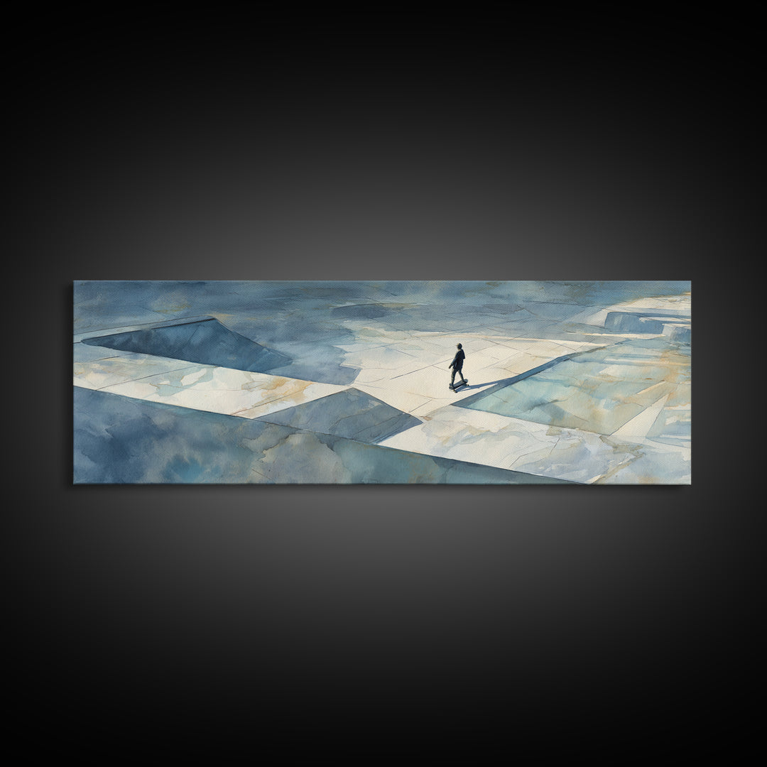 Skateboarder Crossing a Concrete Plaza Canvas Print, Urban Art, Original Art, Living Room Decor, Urban, Black Woman Art, URB-3x1-71