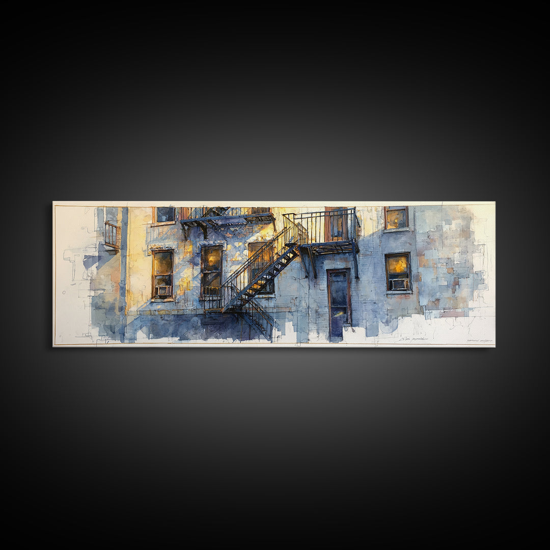 Fire Escape Silhouette Framed Canvas Print, Urban Art, Book Shelf Decor, Living Room Decor, Fine Art, Urban, Modern Decor, URB-3x1-90
