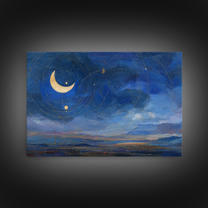 Night Skyline under Crescent Moon Framed Canvas Print, Urban Art, Fine Art Print, Living Room Decor, Abstract Art, Urban, URB-3x2-100