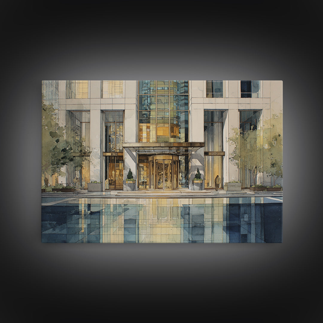 Modern Skyscraper Glass Reflections Framed Canvas Print, Urban Art, Art Deco, Living Room Decor, Urban, Book Shelf Decor, URB-3x2-18