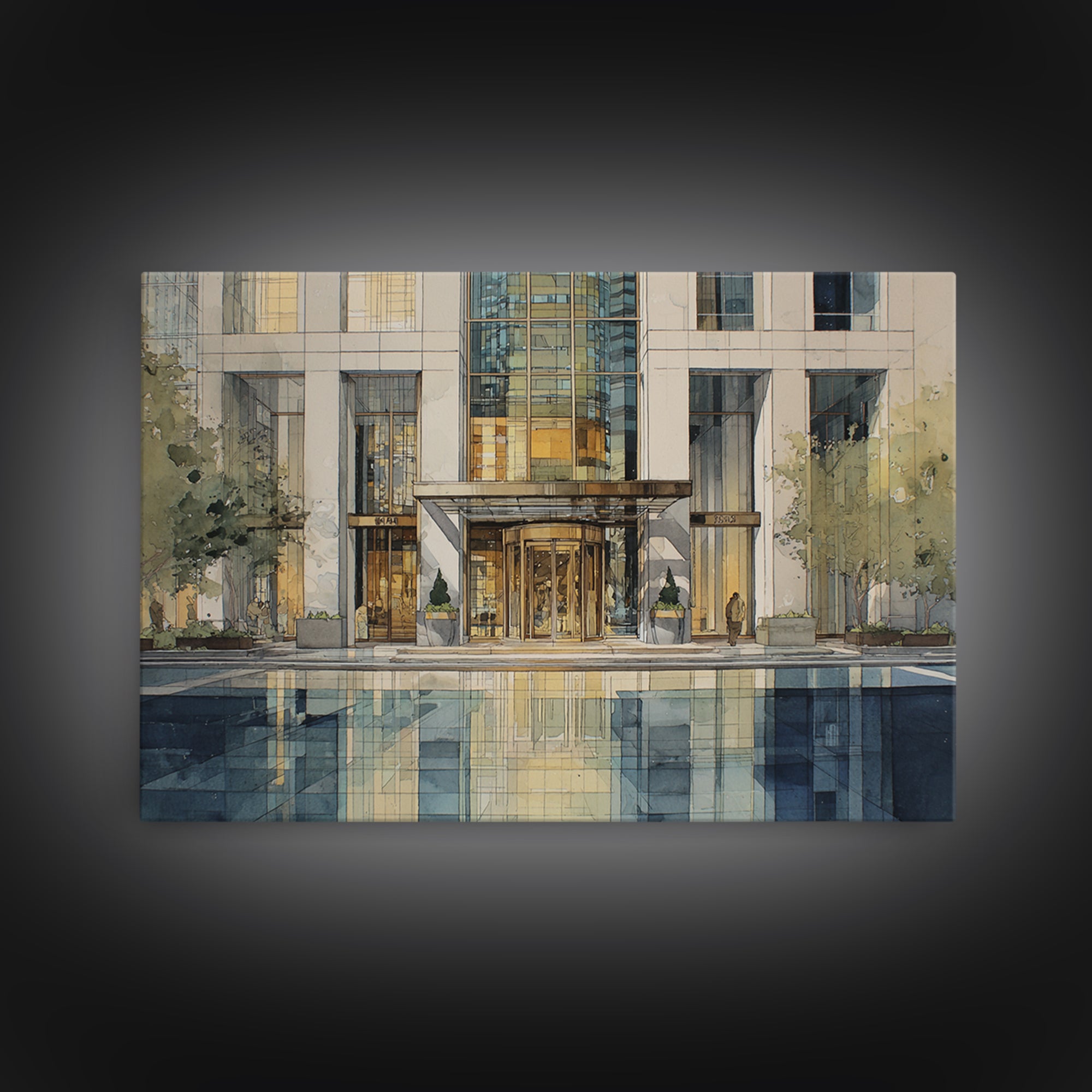 Modern Skyscraper Glass Reflections Framed Canvas Print, Urban Art, Art Deco, Living Room Decor, Urban, Book Shelf Decor, URB-3x2-18