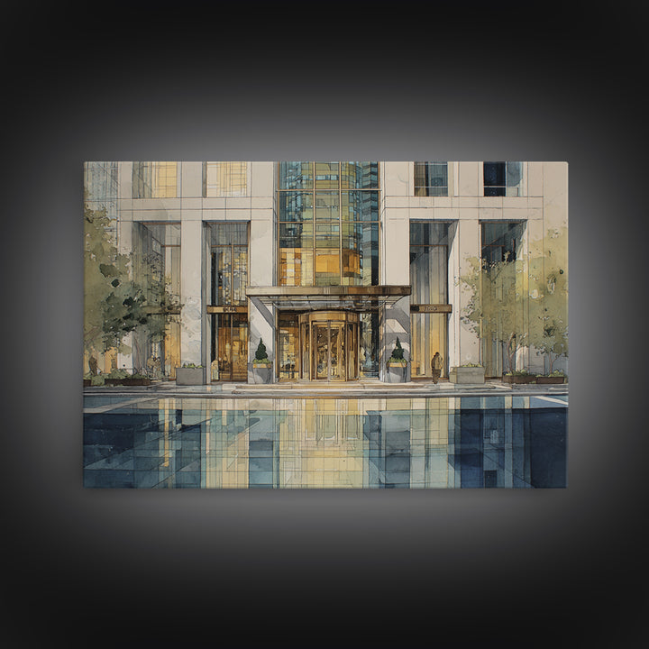 Modern Skyscraper Glass Reflections Framed Canvas Print, Urban Art, Art Deco, Living Room Decor, Urban, Book Shelf Decor, URB-3x2-18