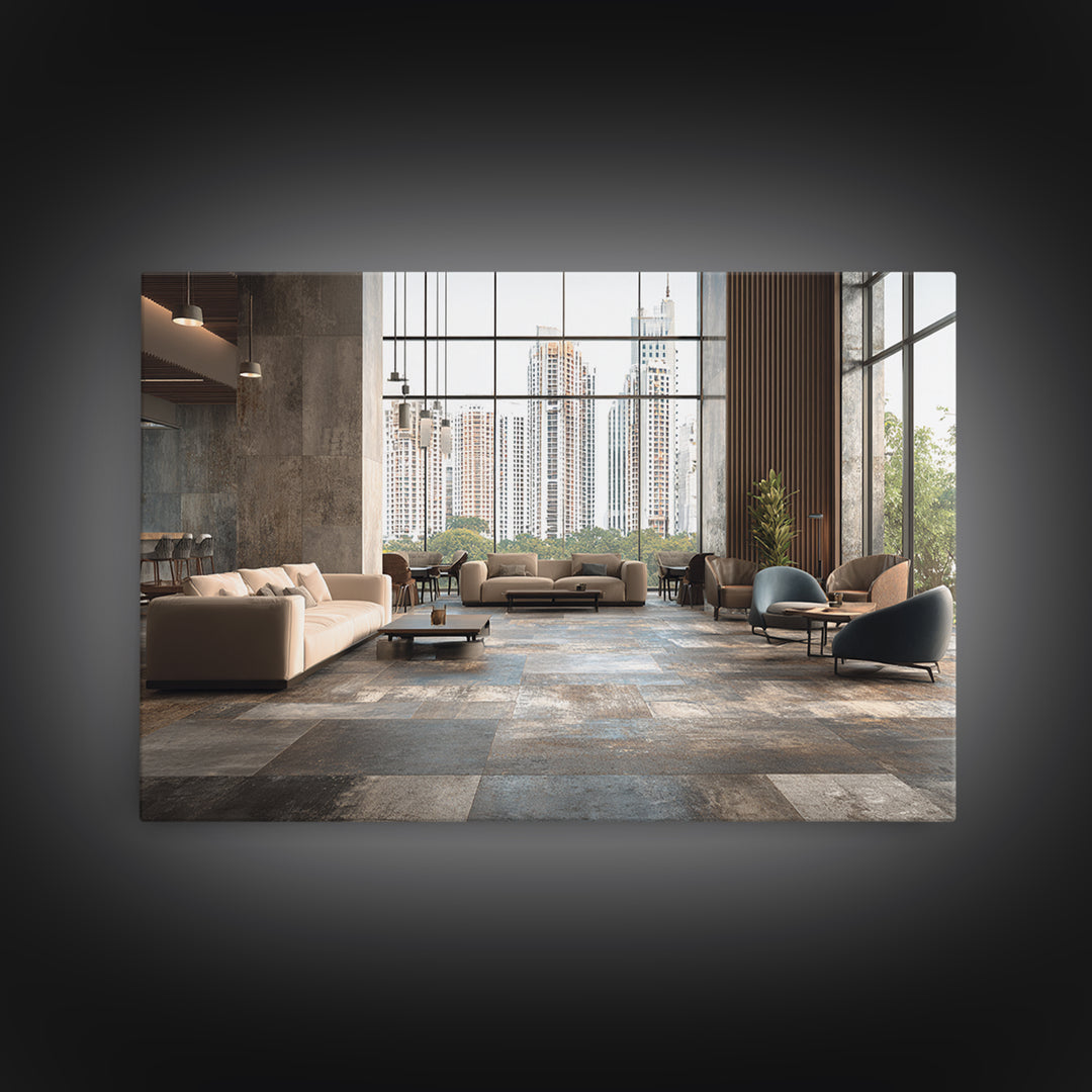 Moody City Skyline Reflected Framed Canvas Print, Urban Art, Black Art Prints, Living Room Decor, Urban, Neutral Decor, URB-3x2-5