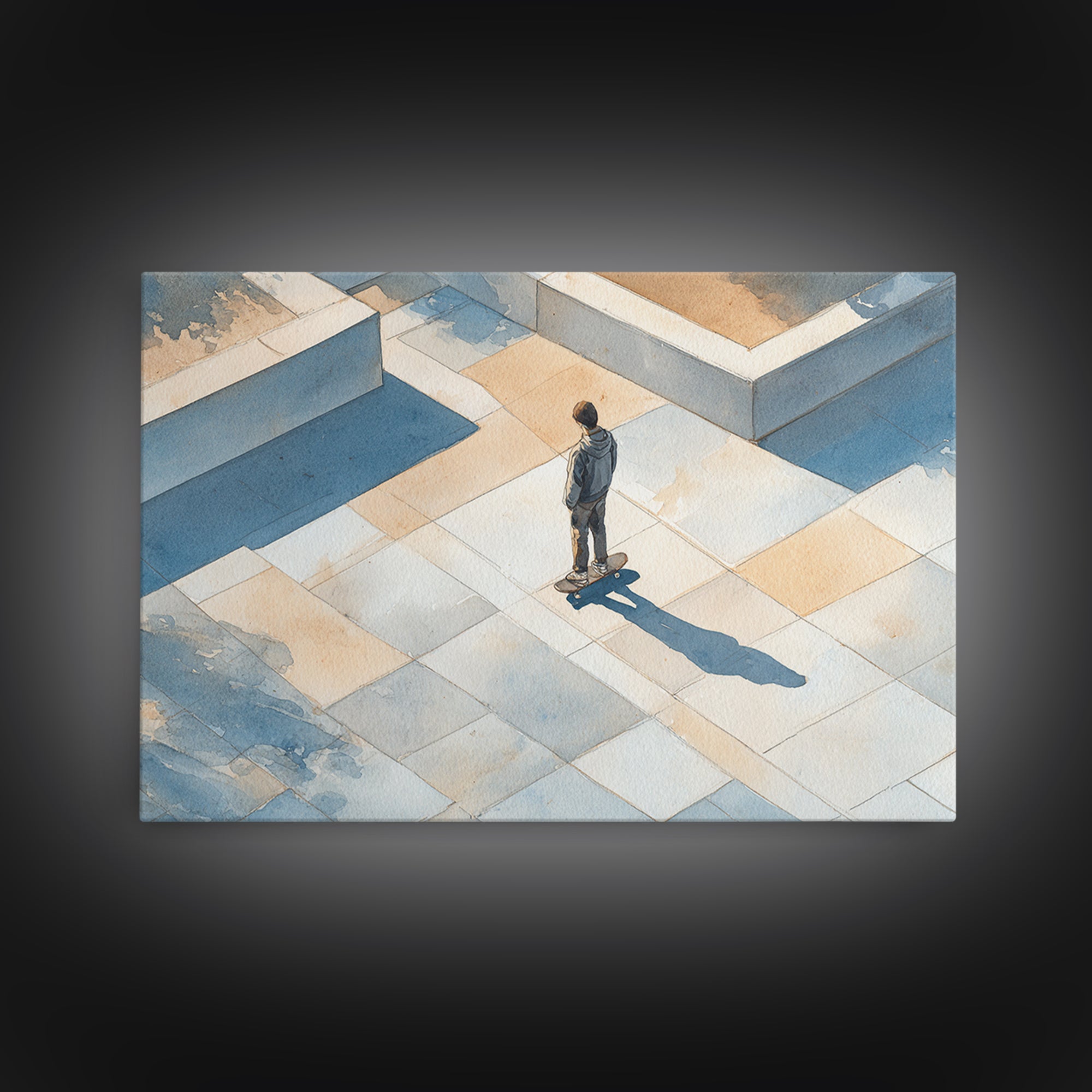 Skateboarder Crossing a Concrete Plaza Framed Canvas Print, Urban Art, Art Print, Living Room Decor, Oil Painting, Urban, URB-3x2-59