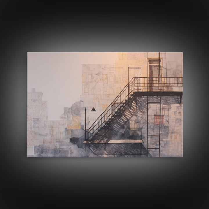 Fire Escape Silhouette Framed Canvas Print, Urban Art, Textured Wall Art, Living Room Decor, Urban, Digital Download Art, URB-3x2-6
