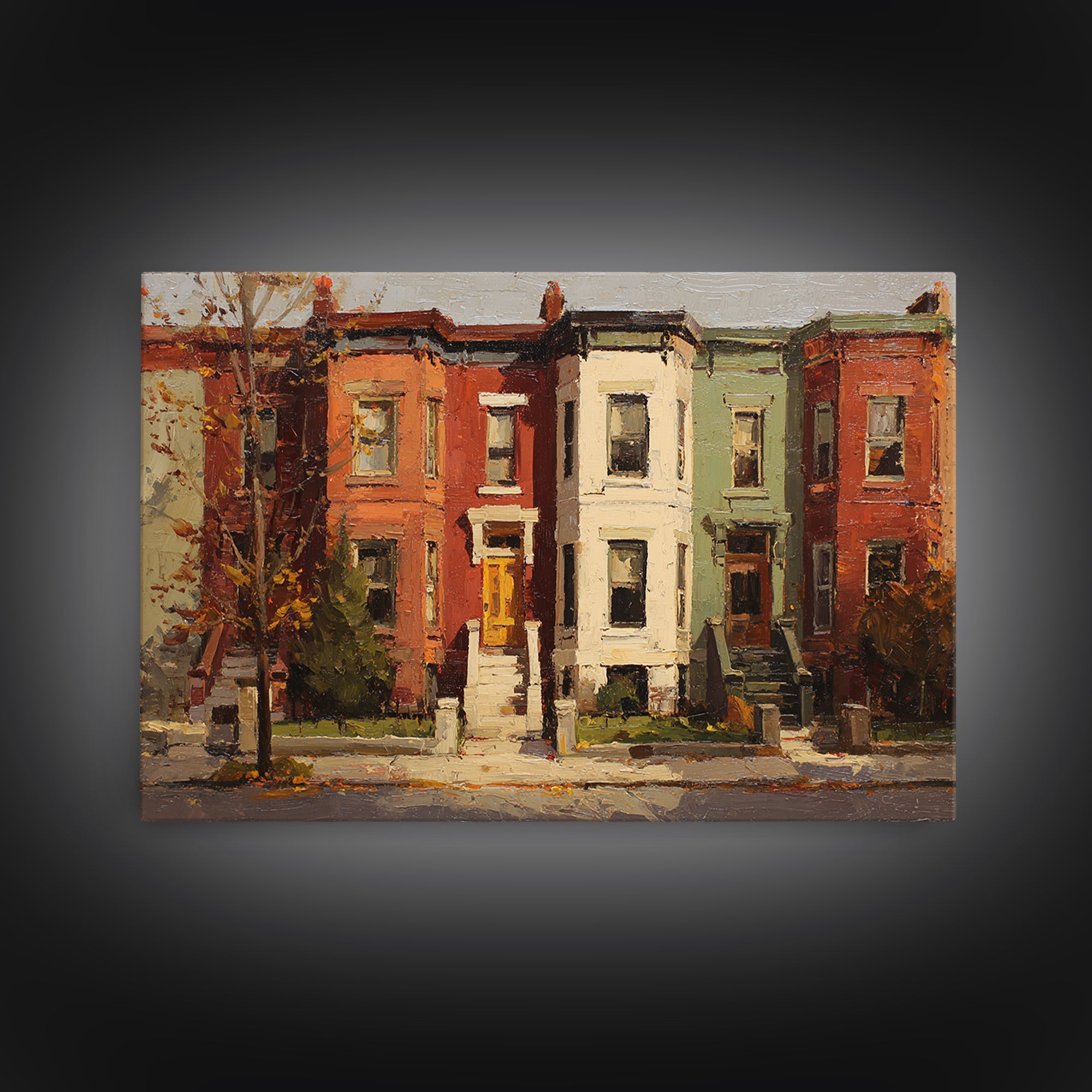 Brownstone Row in Soft Morning Light Framed Canvas Print, Urban Art, Gallery Decor, Living Room Decor, Abstract Art, Urban, URB-3x2-64