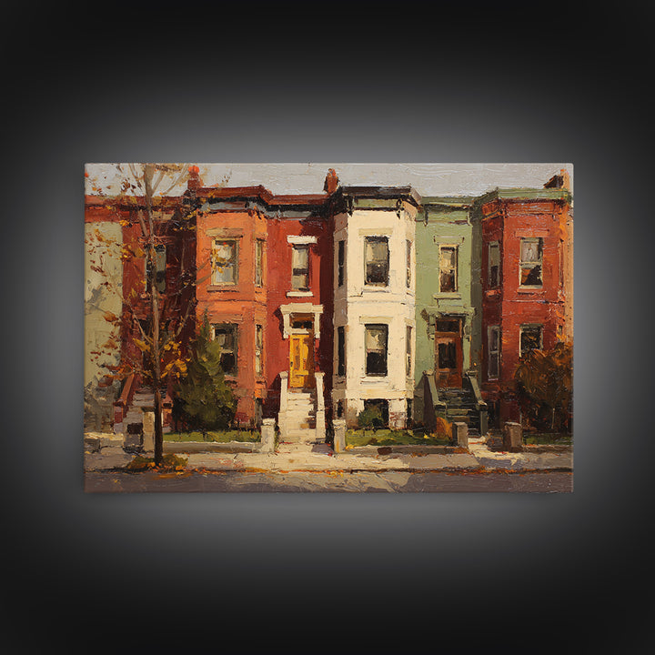 Brownstone Row in Soft Morning Light Framed Canvas Print, Urban Art, Gallery Decor, Living Room Decor, Abstract Art, Urban, URB-3x2-64
