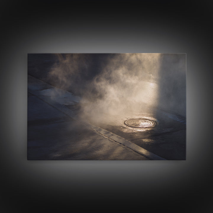 Open Manhole Steam Framed Canvas Print, Urban Art, Digital Download Art, Living Room Decor, Fine Art, Urban, Boho Decor, URB-3x2-69