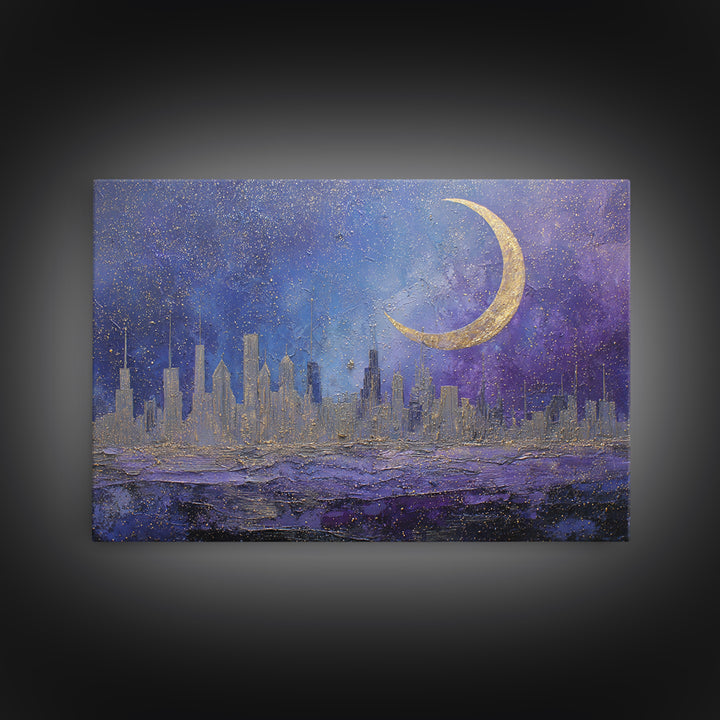 Night Skyline under Crescent Moon Canvas Print, Urban Art, Basketball Wall Art, Living Room Decor, Abstract Art, Urban, URB-3x2-76