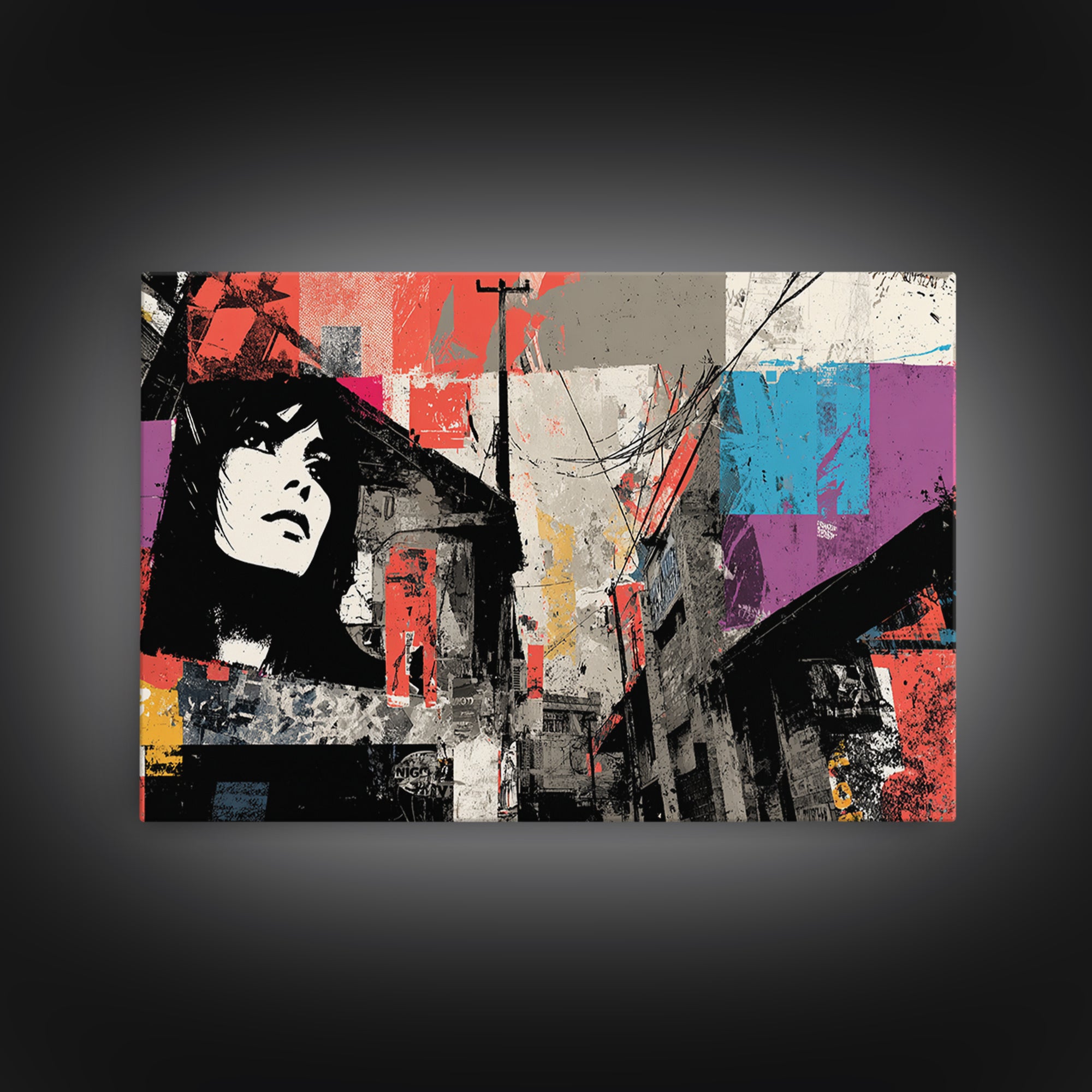 Graffiti Covered Alley Rendered as Color Collage Framed Canvas Print, Urban Art, Fine Art Print, Living Room Decor, Urban, URB-3x2-87