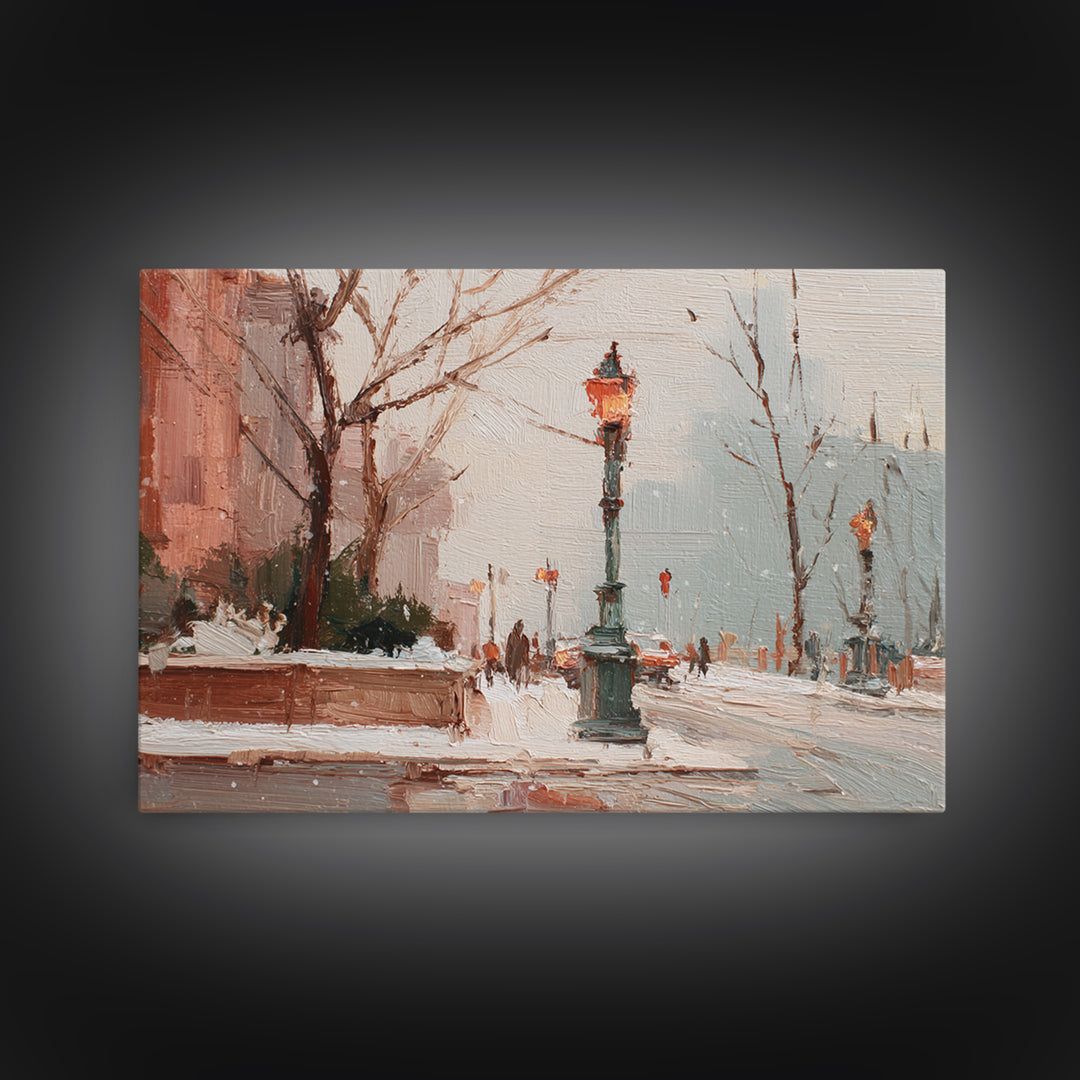 Streetlamp and Falling Snow Canvas Print, Urban Art, Basketball Wall Art, Living Room Decor, Oil Painting, Urban, URB-3x2-89