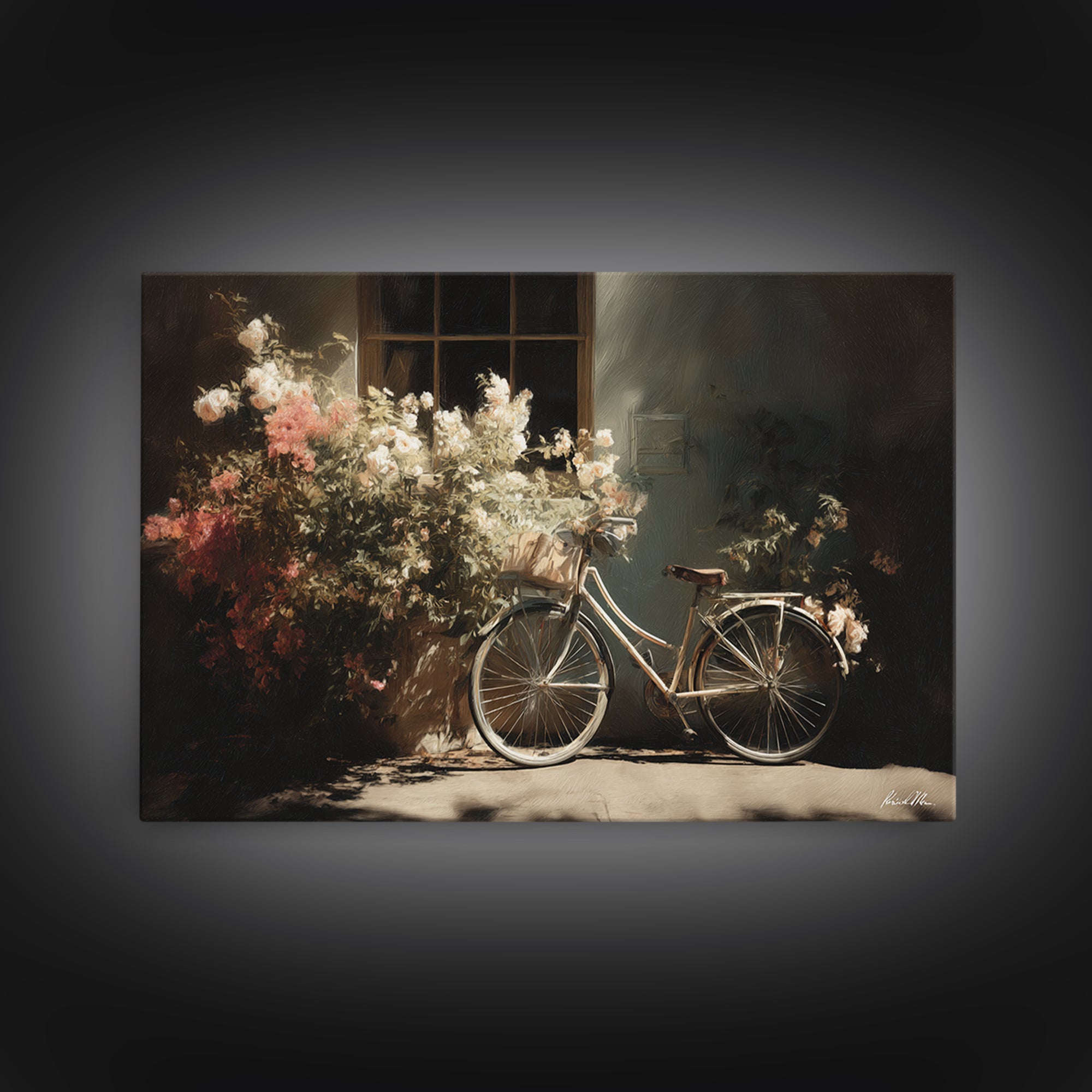Bicycle Locked to Post Framed Canvas Print, Urban Art, Poster, Living Room Decor, Watercolor Art, Urban, Modern Wall Art, URB-3x2-91