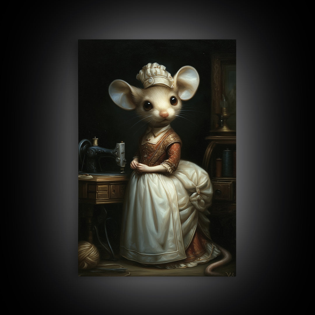 Mouse Seamstress, Victorian Animal Portrait, Halloween Art, Gothic Whimsy Decor, Anthropomorphic Costume Art