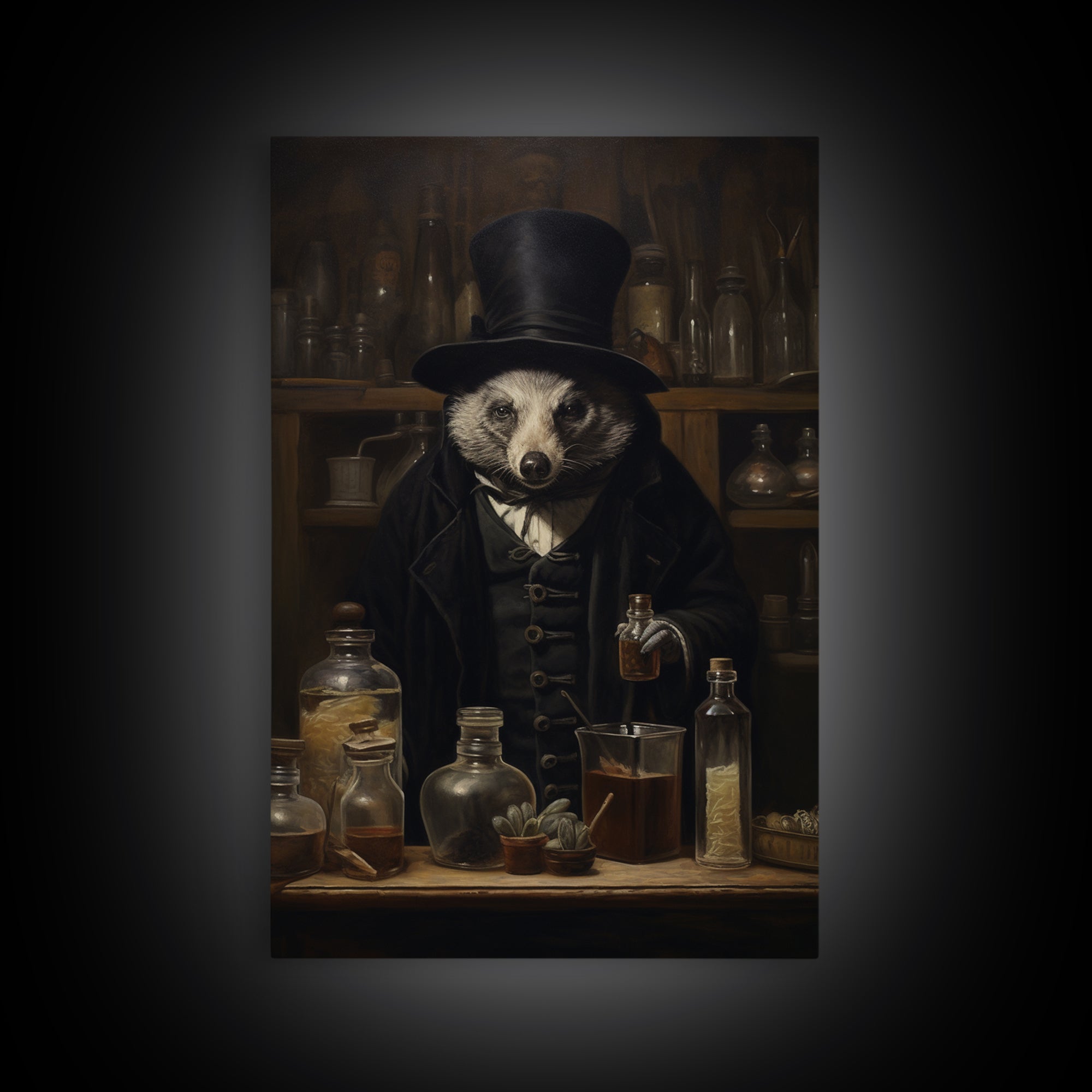 Badger Apothecary, Victorian Animal Portrait, Halloween Art, Gothic Whimsy Decor, Anthropomorphic Costume Art