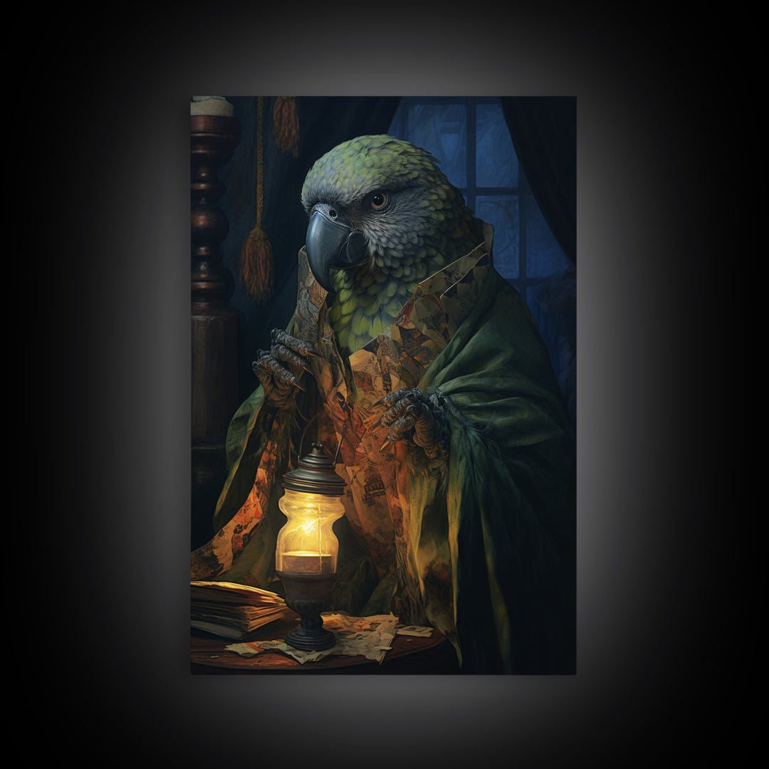 Parrot Fortune Teller, Victorian Animal Portrait, Halloween Art, Gothic Whimsy Decor, Anthropomorphic Costume Art