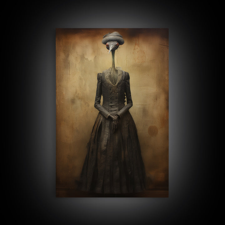 Crane Governess, Victorian Animal Portrait, Halloween Art, Gothic Whimsy Decor, Anthropomorphic Costume Art