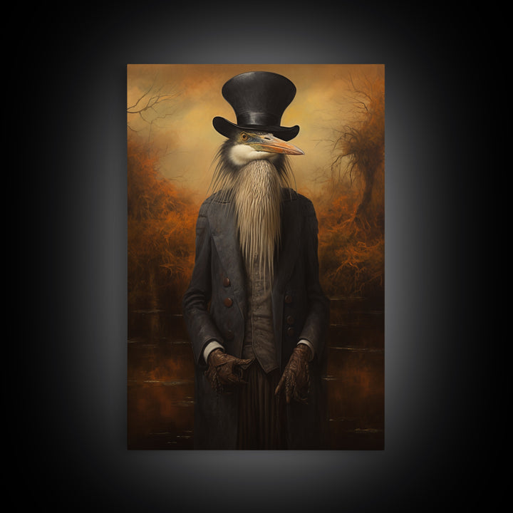 Heron Naturalist, Victorian Animal Portrait, Halloween Art, Gothic Whimsy Decor, Anthropomorphic Costume Art