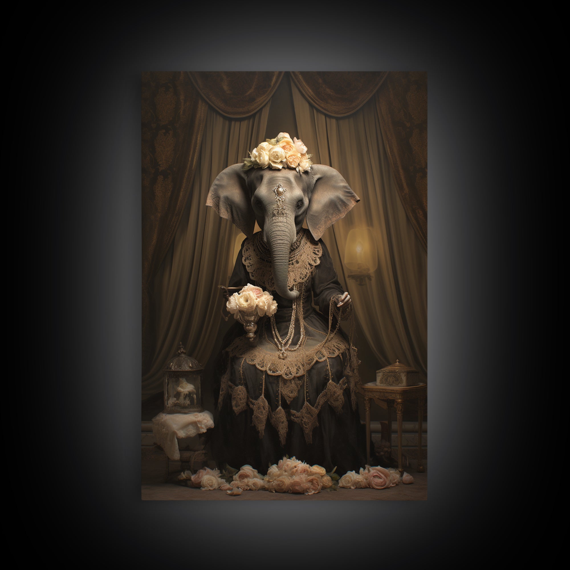 Elephant Dowager, Victorian Animal Portrait, Halloween Art, Gothic Whimsy Decor, Anthropomorphic Costume Art