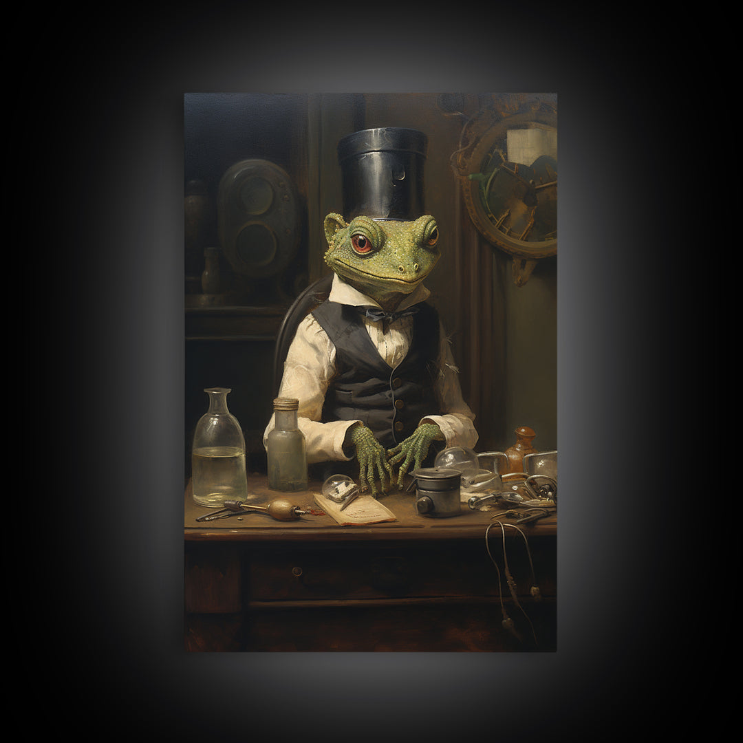 Gecko Watchmaker, Victorian Animal Portrait, Halloween Art, Gothic Whimsy Decor, Anthropomorphic Costume Art