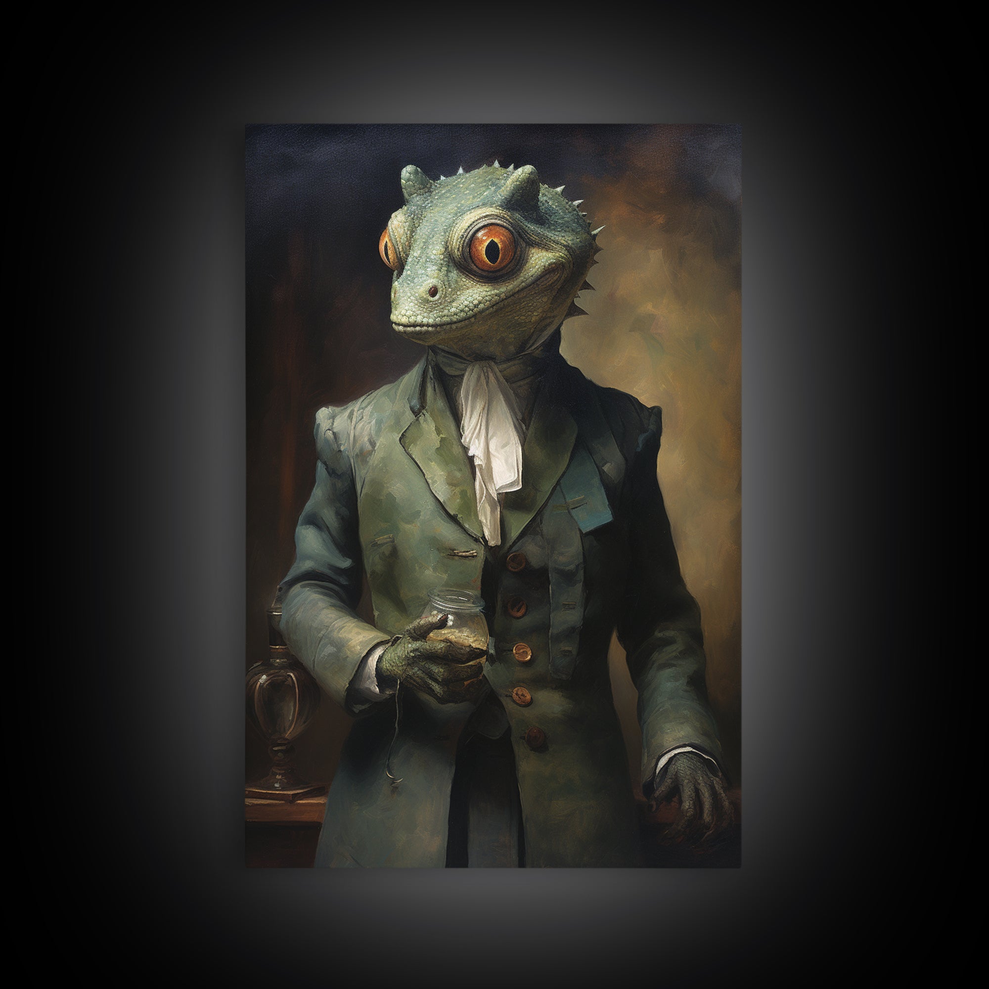 Chameleon Painter, Victorian Animal Portrait, Halloween Art, Gothic Whimsy Decor, Anthropomorphic Costume Art