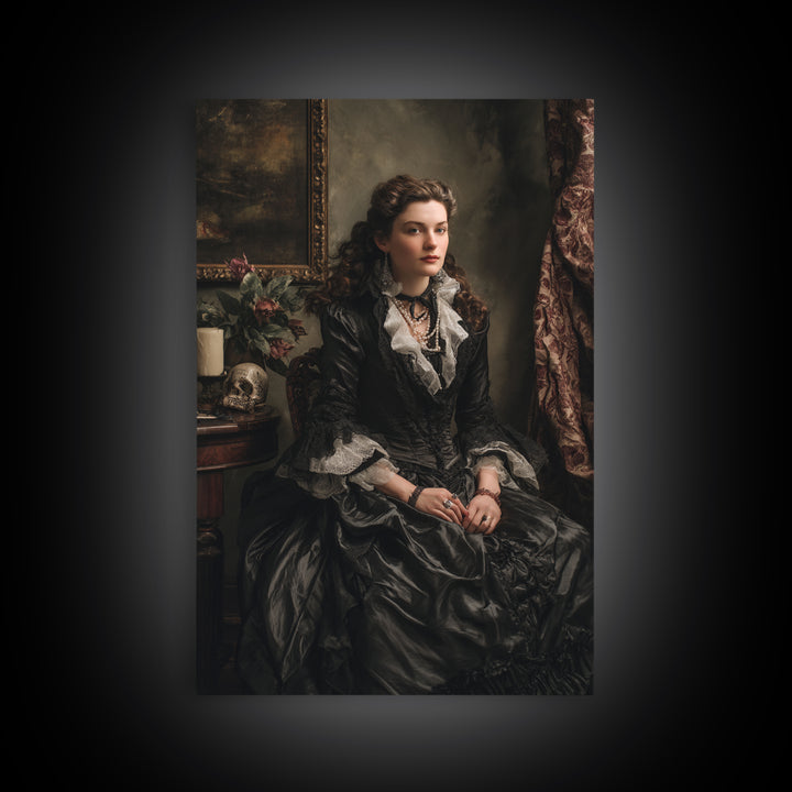 The Moonlit Witch, Macabre Victorian Decor, Vertical Wall Art, Framed Canvas Print, Gothic Wall Decor, Halloween Portrait Art