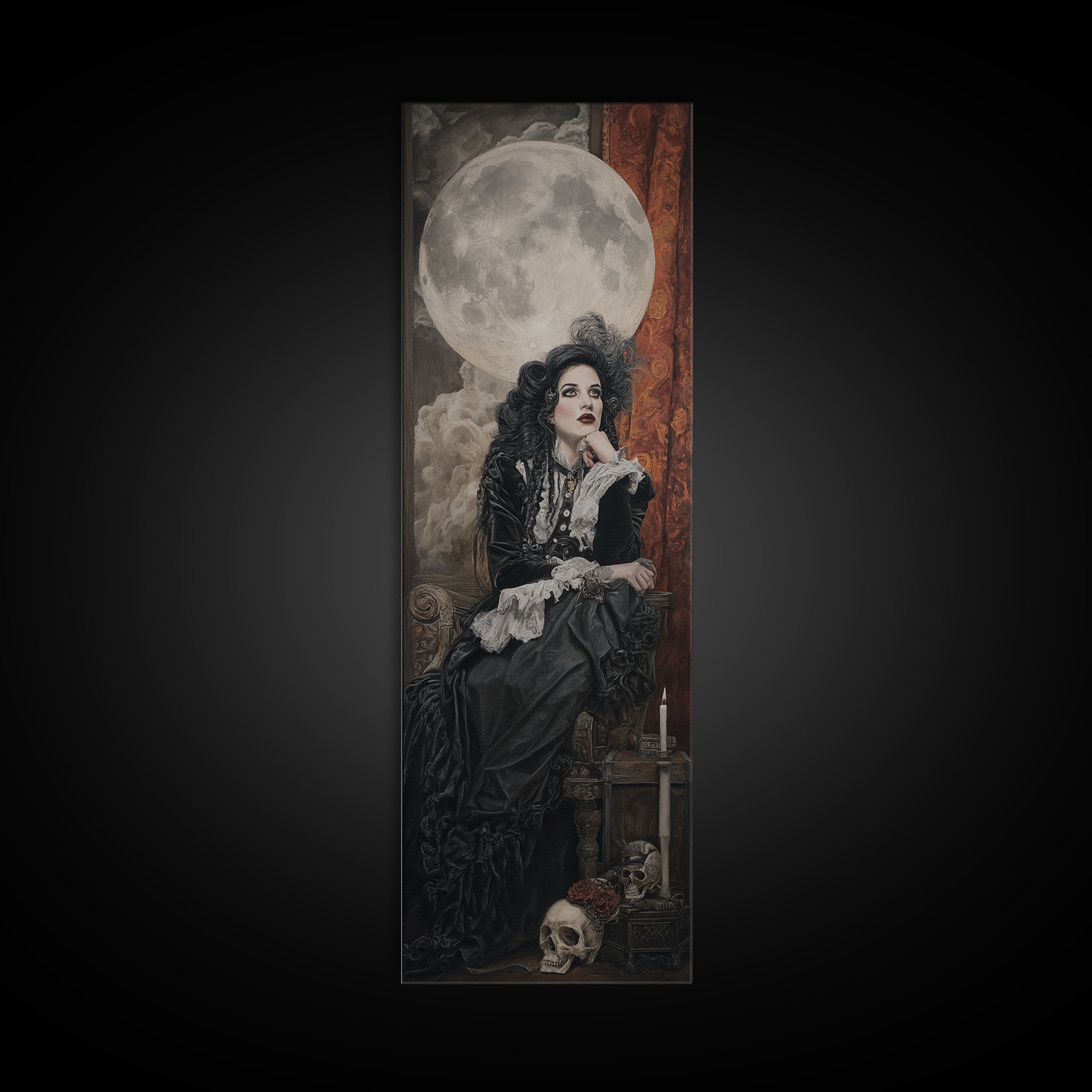 The Moonlit Witch, Dark Academia Wall Art, Tall Narrow Wall Art, Canvas Print, Gothic Wall Decor, Halloween Portrait Art