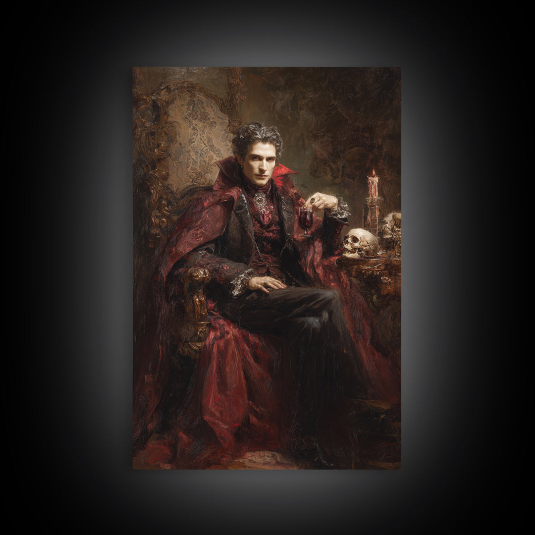 The Crimson Vampire, Victorian Horror Portrait, Vertical Wall Art, Framed Canvas Print, Gothic Wall Decor, Halloween Portrait Art