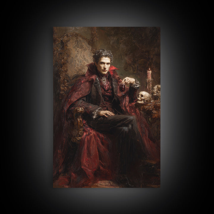 The Crimson Vampire, Victorian Horror Portrait, Vertical Wall Art, Framed Canvas Print, Gothic Wall Decor, Halloween Portrait Art