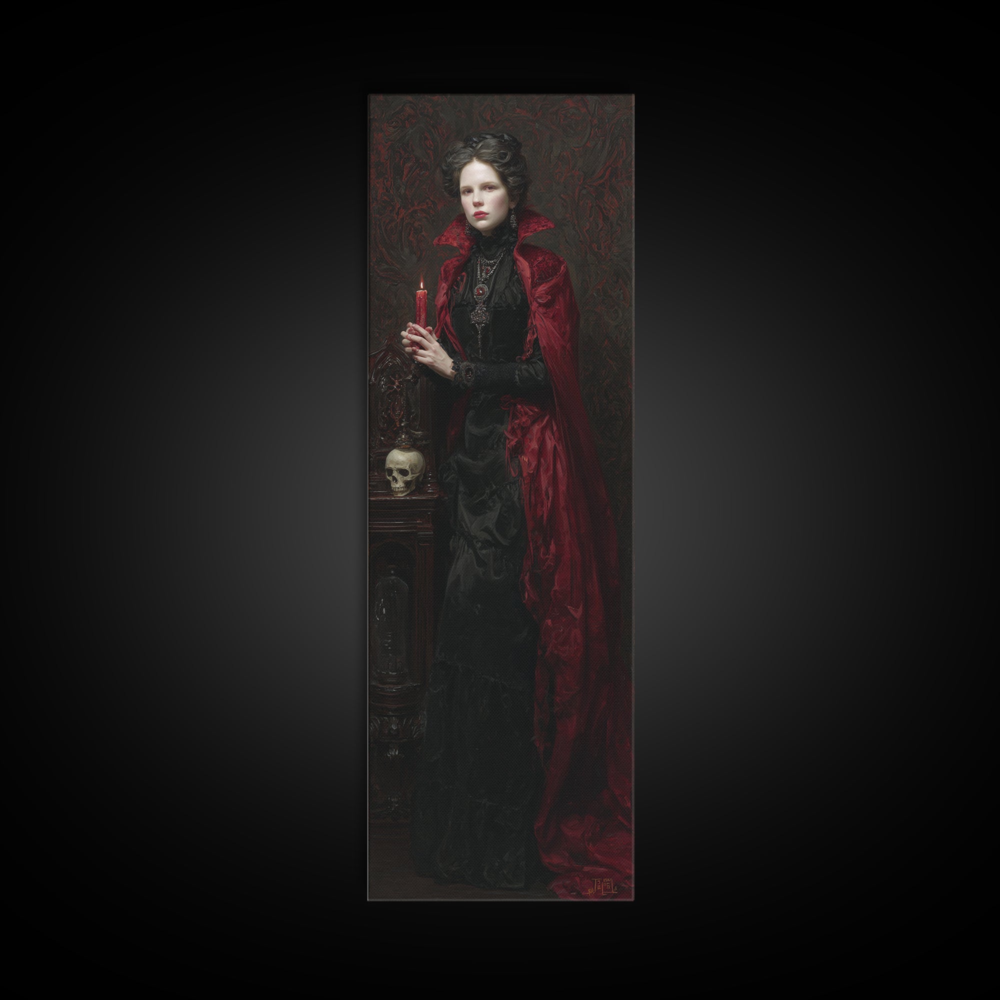 The Crimson Vampire, Antique Gothic Portrait, Tall Narrow Wall Art, Canvas Print, Gothic Wall Decor, Halloween Portrait Art