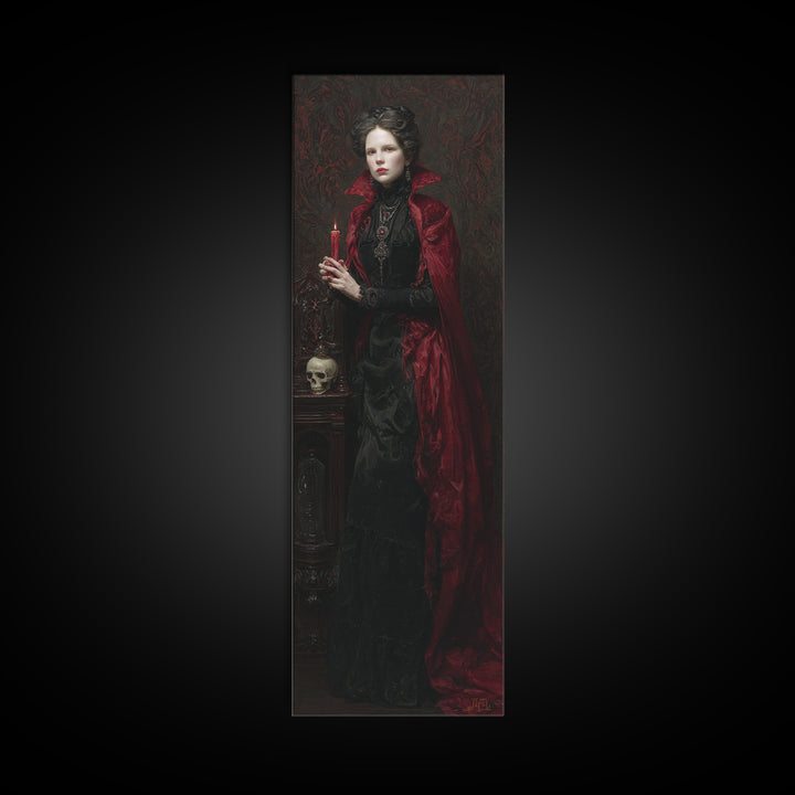 The Crimson Vampire, Antique Gothic Portrait, Tall Narrow Wall Art, Canvas Print, Gothic Wall Decor, Halloween Portrait Art