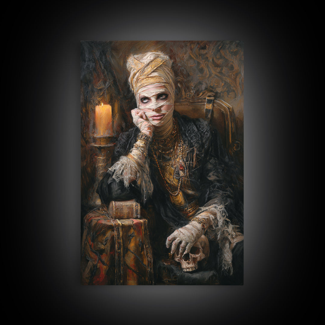 The Mummy Pharaoh, Antique Gothic Portrait, Vertical Wall Art, Framed Canvas Print, Gothic Wall Decor, Halloween Portrait Art