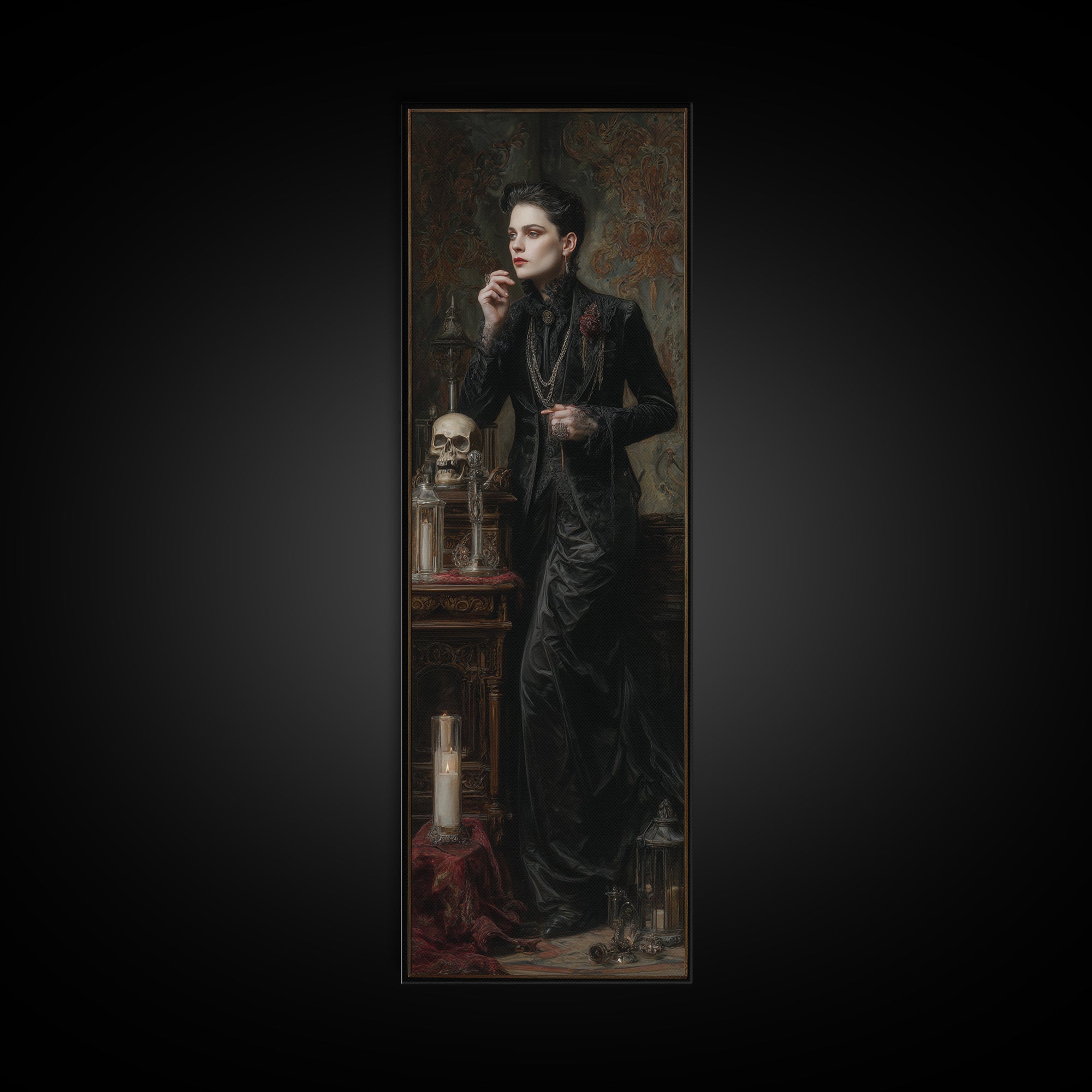 The Graveyard Ghost, Dark Academia Wall Art, Tall Narrow Wall Art, Framed Canvas Print, Gothic Wall Decor, Halloween Portrait Art