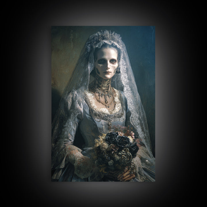 The Skeletal Bride, Dark Academia Wall Art, Vertical Wall Art, Framed Canvas Print, Gothic Wall Decor, Halloween Portrait Art