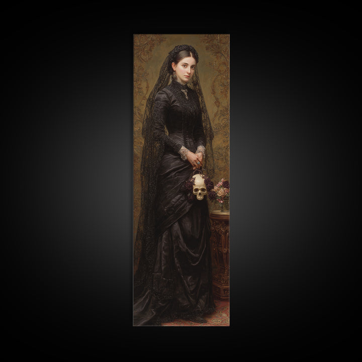 The Skeletal Bride, Dark Academia Wall Art, Tall Narrow Wall Art, Canvas Print, Gothic Wall Decor, Halloween Portrait Art