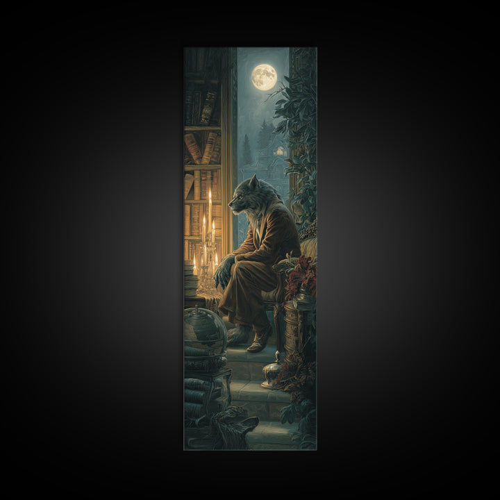 The Moon-Cursed Werewolf, Dark Academia Wall Art, Tall Narrow Wall Art, Framed Canvas Print, Gothic Wall Decor, Halloween Portrait Art