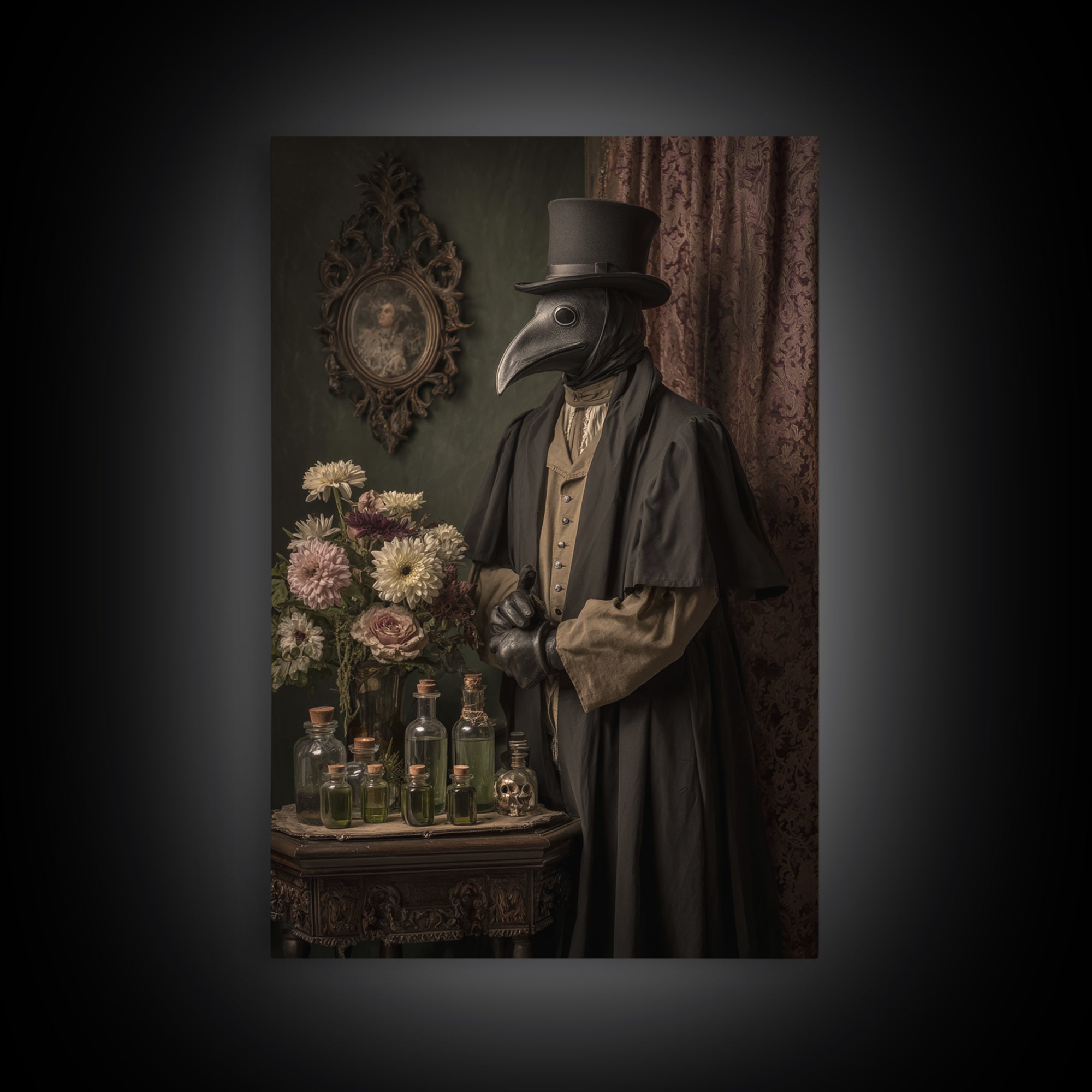 The Plague Doctor, Macabre Victorian Decor, Vertical Wall Art, Framed Canvas Print, Gothic Wall Decor, Halloween Portrait Art