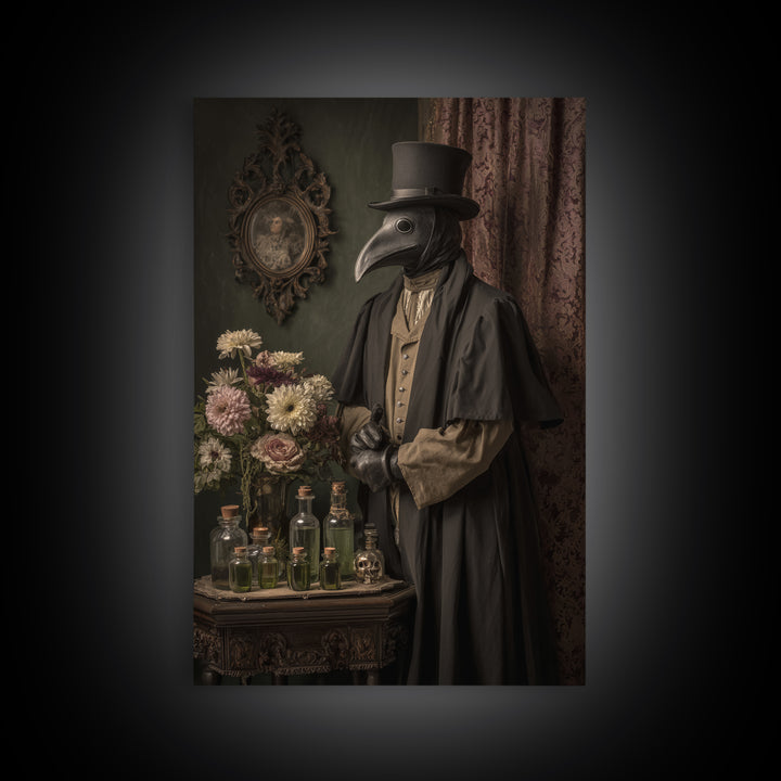 The Plague Doctor, Macabre Victorian Decor, Vertical Wall Art, Framed Canvas Print, Gothic Wall Decor, Halloween Portrait Art