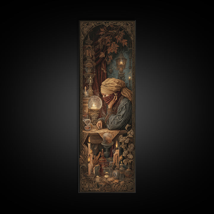 The Midnight Fortune Teller, Victorian Gothic Art, Tall Narrow Wall Art, Framed Canvas Print, Gothic Wall Decor, Halloween Portrait Art