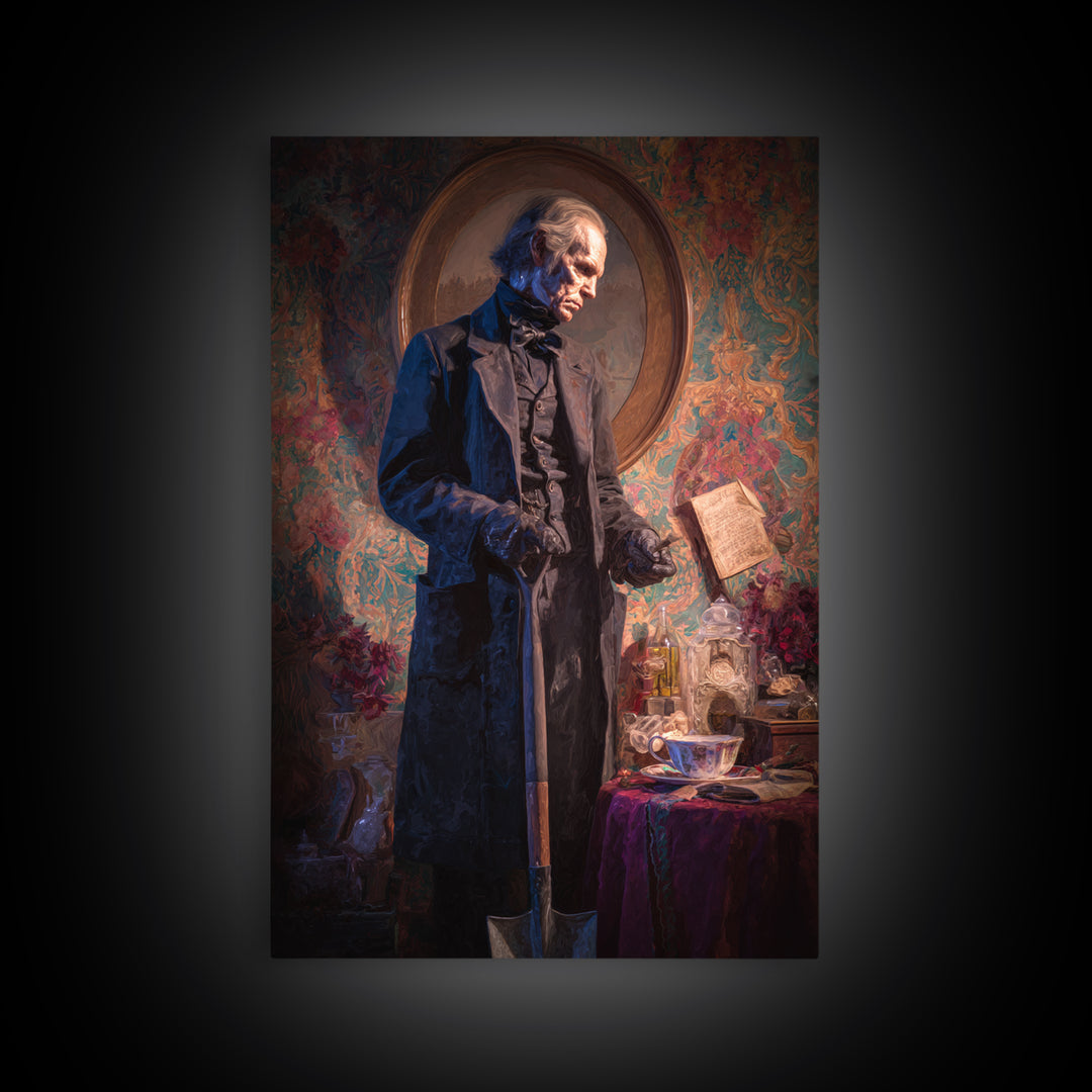 The Lantern Gravedigger, Antique Gothic Portrait, Vertical Wall Art, Canvas Print, Gothic Wall Decor, Halloween Portrait Art