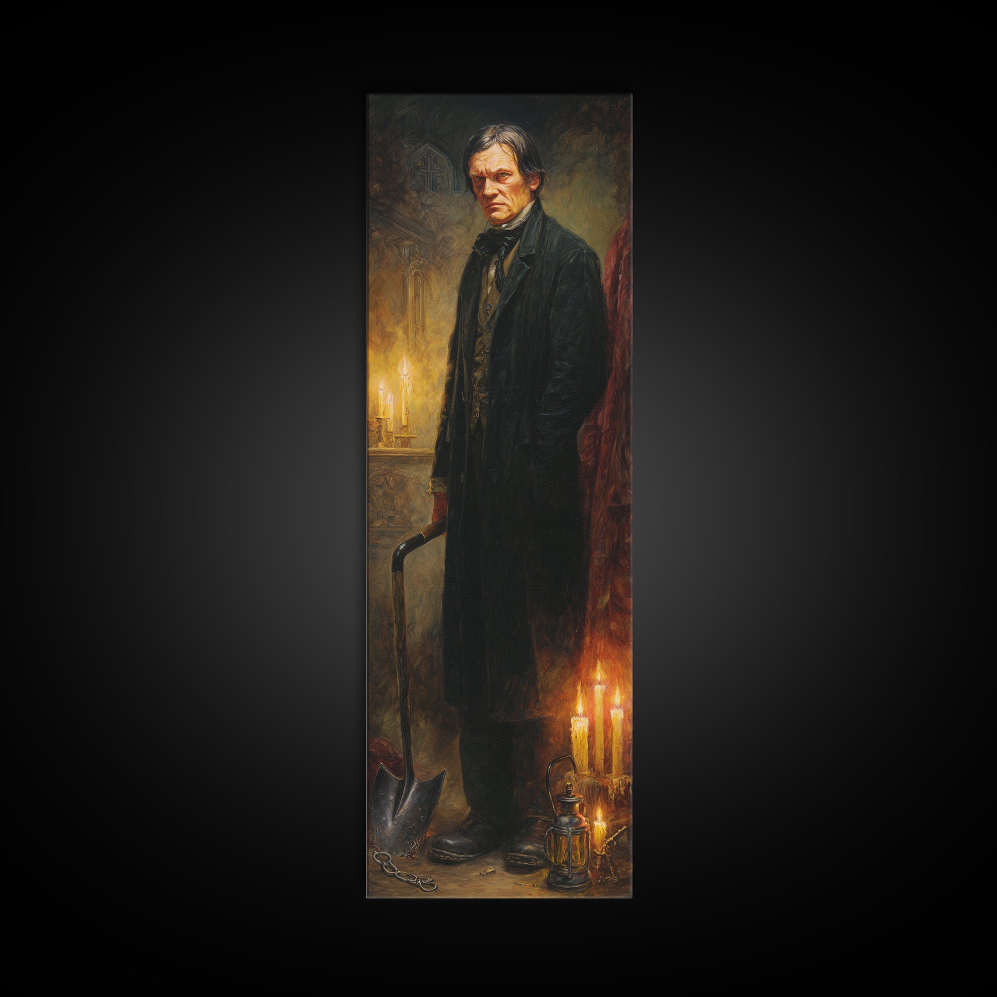 The Lantern Gravedigger, Victorian Gothic Art, Tall Narrow Wall Art, Framed Canvas Print, Gothic Wall Decor, Halloween Portrait Art