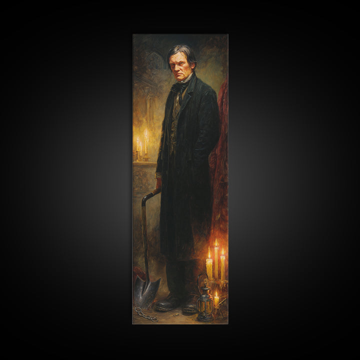 The Lantern Gravedigger, Victorian Gothic Art, Tall Narrow Wall Art, Framed Canvas Print, Gothic Wall Decor, Halloween Portrait Art
