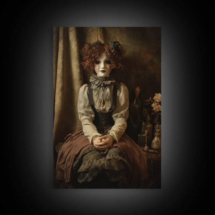 The Haunted Porcelain Doll, Victorian Gothic Art, Vertical Wall Art, Canvas Print, Gothic Wall Decor, Halloween Portrait Art