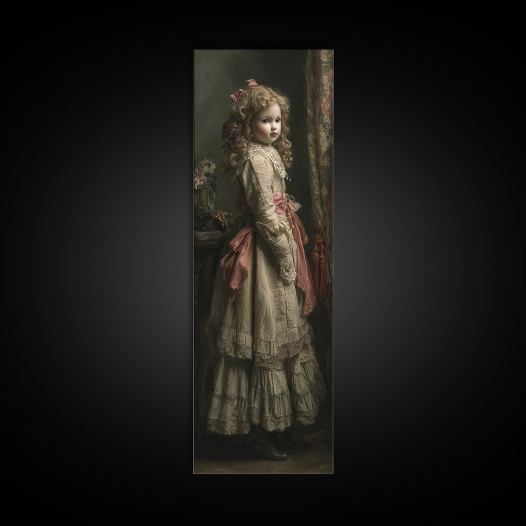 The Haunted Porcelain Doll, Antique Gothic Portrait, Tall Narrow Wall Art, Framed Canvas Print, Gothic Wall Decor, Halloween Portrait Art