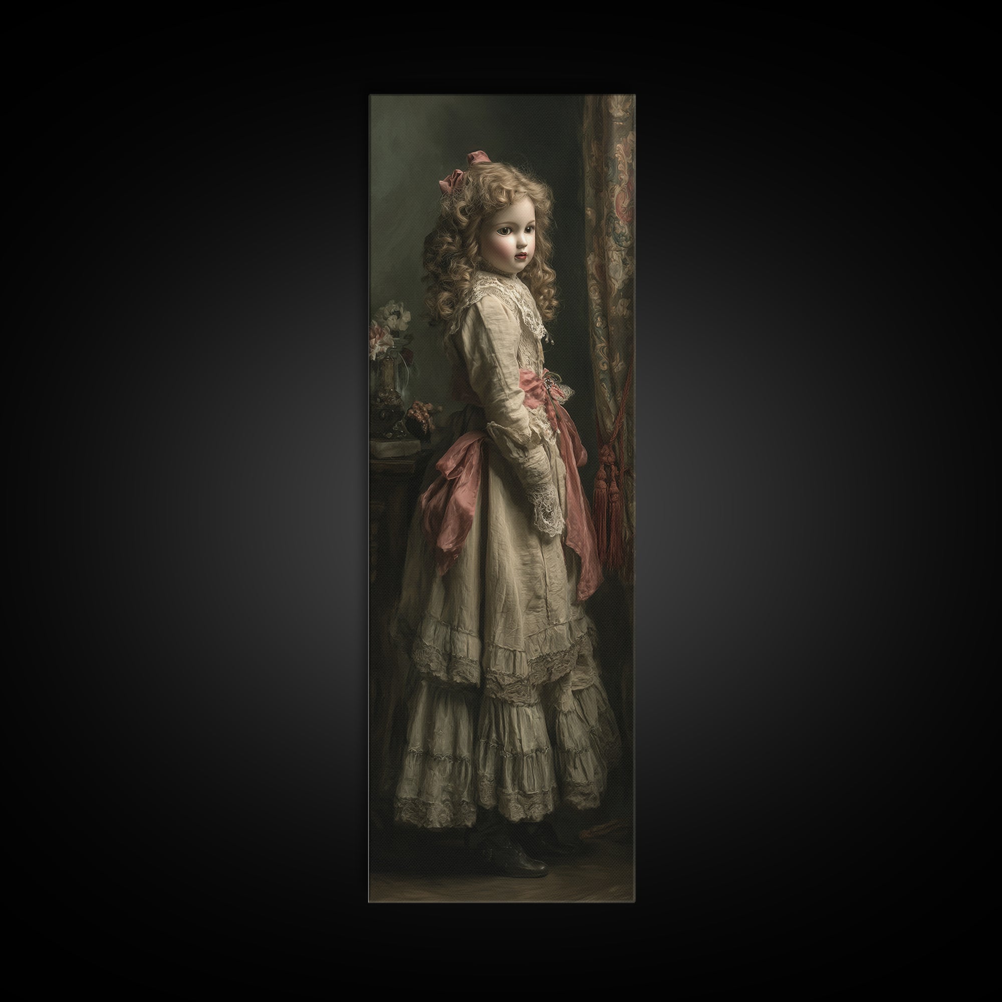 The Haunted Porcelain Doll, Antique Gothic Portrait, Tall Narrow Wall Art, Framed Canvas Print, Gothic Wall Decor, Halloween Portrait Art