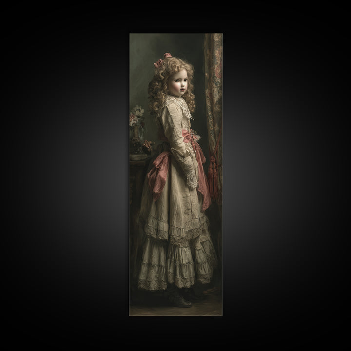 The Haunted Porcelain Doll, Antique Gothic Portrait, Tall Narrow Wall Art, Framed Canvas Print, Gothic Wall Decor, Halloween Portrait Art