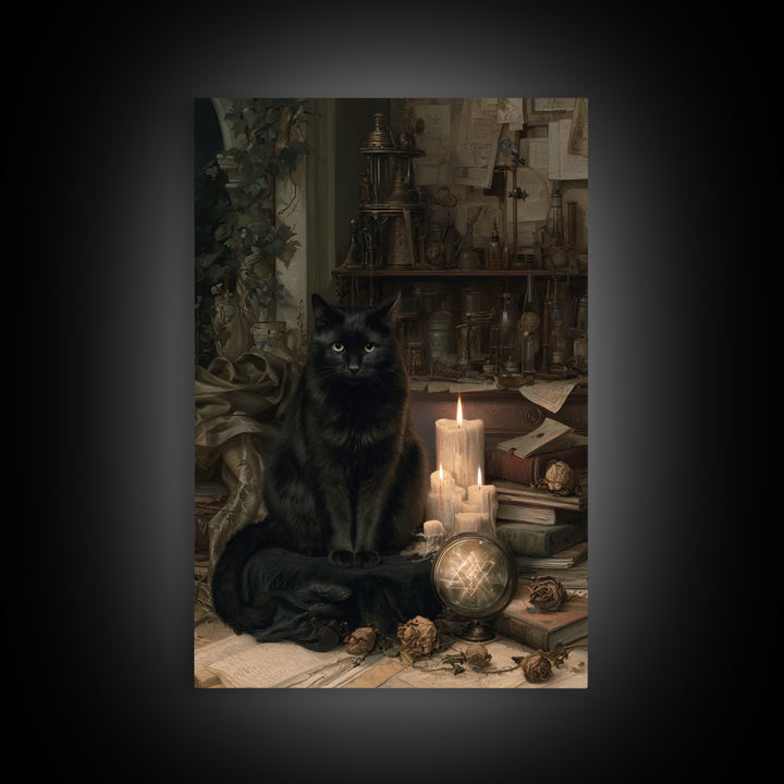 The Black Cat Familiar, Antique Gothic Portrait, Vertical Wall Art, Framed Canvas Print, Gothic Wall Decor, Halloween Portrait Art