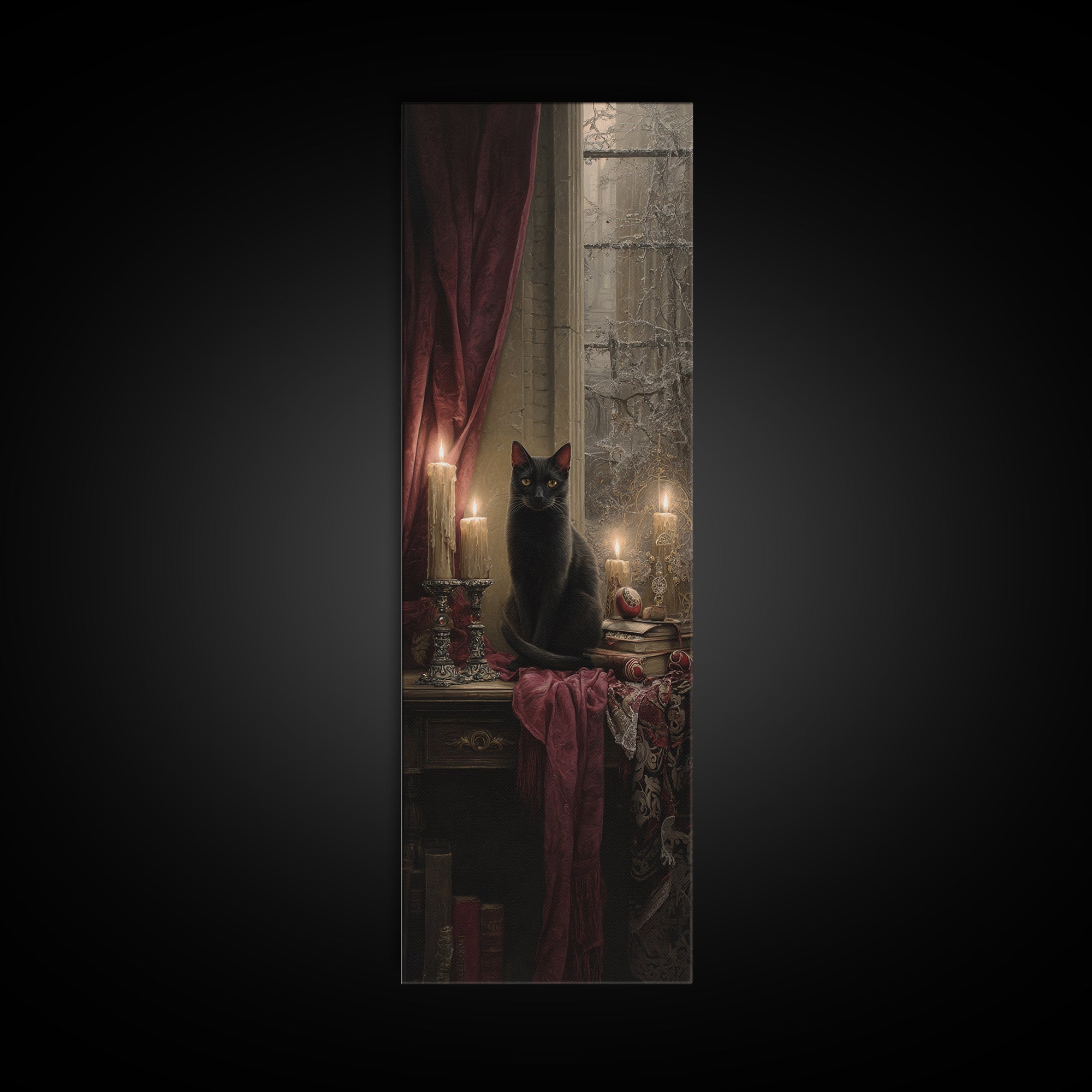 The Black Cat Familiar, Macabre Victorian Decor, Tall Narrow Wall Art, Canvas Print, Gothic Wall Decor, Halloween Portrait Art
